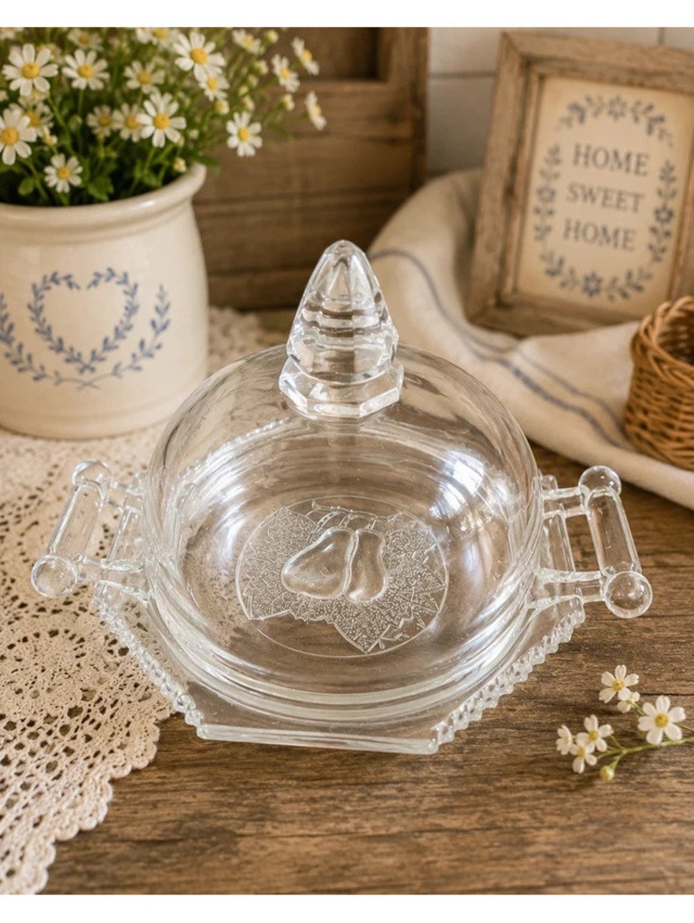 Vintage Crystal Clear Glass Covered Butter Dish with Pear Motif